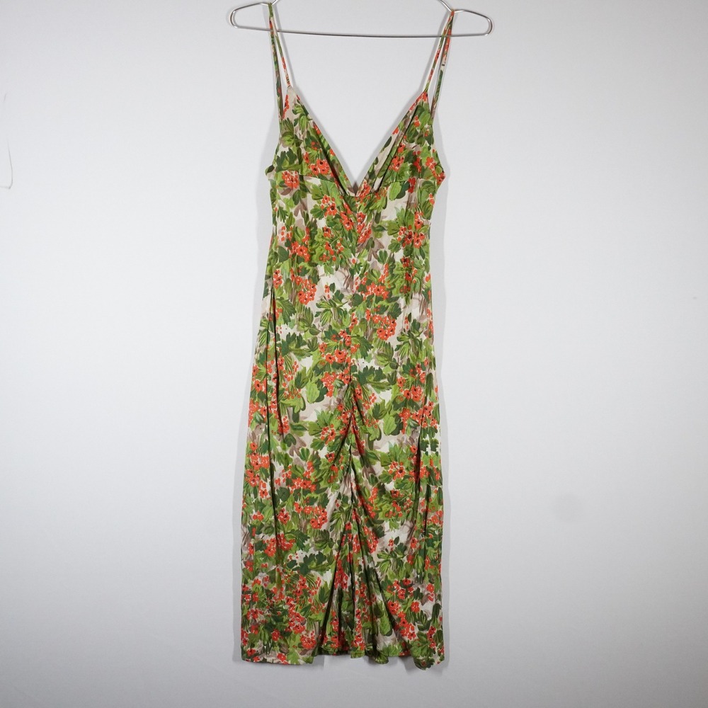 VTG Y2K Milly Silk Floral Midi Dress Green Red Ruched V-Neck Slip Dress S Garden
